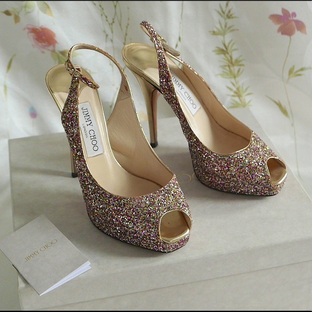 Jimmy Choo Peep Toe Multicolor Glitter Heels